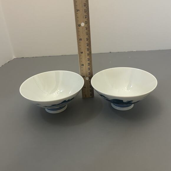Japanese Blue and White Porcelain Rice Soup Bowl Set of 2 Vintage #1 - Picture 8 of 9